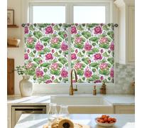 Water Lily Kitchen Curtains, Botanical Natural Leaf Water Droplets Spring Peach Tiered Kitchen Window Curtain Set for Laundry Room Sink Area Hallway Apartment Window Decor 28x39 Inch