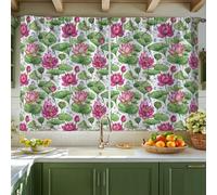 Water Lily Kitchen Curtains, Botanical Natural Leaf Water Droplets Spring Peach Tiered Kitchen Window Curtain Set Window Decoration for Dining Room Breakfast Nook Sink Area 42x45 Inch