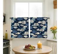 Water Lily Kitchen Curtains, Botanical Natural Lilies Pad Dragonfly Summer Navy Light Filtering Kitchen Curtains for Laundry Room Sink Area Hallway Apartment Window Decor 26x30 Inch