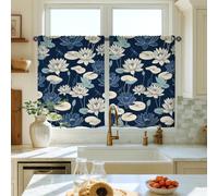 Water Lily Kitchen Curtains, Botanical Natural Lilies Pad Dragonfly Summer Navy Patterned Curtains for Kitchen Window Over Sink 26x36 Inch