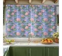Water Lily Kitchen Curtains, Botanical Natural Water Lilies Leaves Spring Peach Tiered Kitchen Window Curtain Set Window Decoration for Dining Room Breakfast Nook Sink Area 42x45 Inch