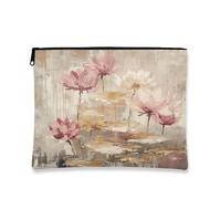 Water Lily Makeup Bag, Peach Floral Artistic Vintage Cosmetic Travel Pouch for Women, Portable Small Canvas Zipper Organizer, for Spring Festivals, Peach, 7x9 Inch, Water Lily