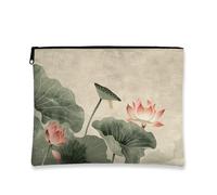 Water Lily Makeup Bag, Vintage Floral Cosmetic Travel Pouch for Women, Portable Small Canvas Zipper Organizer, Gift for Spring Festivals, Peach, 7x9 Inch, Water Lily