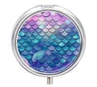 Water Lily Mermaid Scales Metal Pill Organizer, 3 Compartment Waterproof Pill Case with Mirror for Purse Pocket Bag, Daily Medicine Vitamin Holder, Portable Travel Med Container(Round)