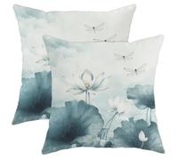 Water Lily Pillow Covers Set of 2, Blue Floral Pond Lily Throw Pillows Case, Elegant Decorative Square Cushion Covers for Living Room Sofa Bed Couch 20x20 Inch