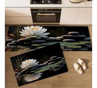Water Lily Rockery Non Slip kitchen floor mats Set 2 Piece, Zen-Inspired Realism Kitchen Mat Anti Fatigue Set, Black kitchen carpets for Home Decoration - 40x60cm+40x120cm