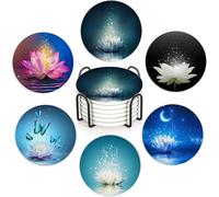 Water Lily Set of 6 Coasters Absorbent Ceramic Drink Mats with Cork Base & Metal Holder, Spill Protectors for Mugs/Cups, Cheerful Home/Bar Decor
