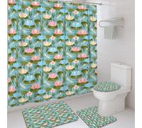 Water Lily Shower Curtain Sets, Spring Nature Dragonfly Water Lilies Spring Blue Polyester Waterproof Bathroom Shower Curtain and Bath Mat Set for Home Bath Toile Hotel Decor 72x72 Inch