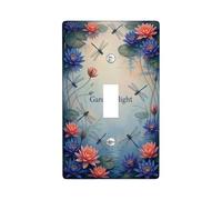 Water Lily Single Light Switch Cover Plate, Natural Floral Dragonfly Water Spring Blue Plastic Standard Size Decorative Wall Plates for New Apartment Home Bedroom Office Decor (Single)