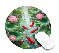 Water Lily Small Mouse Pad, Nature Serene Carp Fish Butterfly Summer Green Round Rubber Washable Aesthetic Mousepads for Desk Desk Decor for Office Home Dorm Laptop Round 8x8 Inch