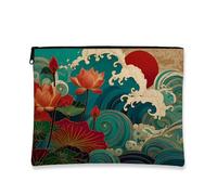 Water Lily Waves Makeup Bag, Red Floral Embroidered Cosmetic Travel Organizer for Women, Portable Canvas Zipper Pouch, Summer Skincare Toiletry Bag Gift, Red, 7x9 Inch, Water Lily