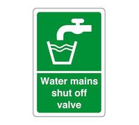 Water mains shut off valve - safety sign - High tack self-adhesive sticker (200mm x 150mm) Viewing Distance within 5m.
