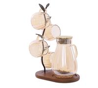 Water Pitcher Set, Cold Water Bottle Set with 4 Cups& 1 Rack, 1500ml Teapot & Glasses, Wood Stand, Branch-Style Rack for Kitchen, Dining, Office, Rack Size: 30 * 17 * 33.5cm