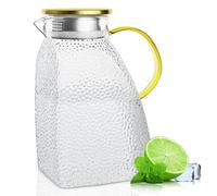 Water Pitcher, Wieat Clear High Borosilicate Glass Jug with Stainless Steel Lid, Leakproof Fridge Door Carafe for Hot or Cold Beverage (1.8 L/63 oz)