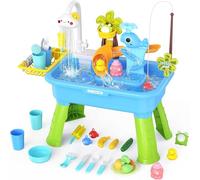 Water Play Table For Kids With Realistic Running Water - Electric Sink With Cloud Faucet & Pump | Detachable Legs, 4-in-1 Activity Kit With Fishing Game & Veggies, For Young Ages 3+