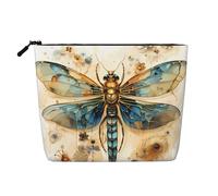 Water-Resistant Linen-Look Golden Delicate Dragonfly on Yellow Background Makeup Bag - Lightweight Travel Organiser Pouch, Zipped Cosmetic Case