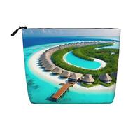 Water-Resistant Linen-Look Maldives Scenery Makeup Bag - Lightweight Travel Organiser Pouch, Zipped Cosmetic Case