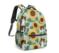 Water-resistant Minimalist Black and White Cat Yellow Sunflower Pattern Backpack, Fits 38cm (15") Laptop, Durable Polyester School Bag for Kids Teens Travel Daypack (05)
