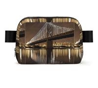 Water Resistant Square Waist Bag for Men Women | All Over New York Manhattan Bridge Night Printed Crossbody Fanny Pack with Adjustable Strap | Lightweight Sling Bag for Travel Running Hiking