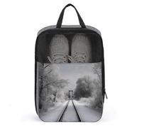 Water Resistant Travel Shoe Bags- Snowy Train Tracks Printed Shoe Carrier Storage Cube Pouch with Zipper & Handle - Portable Shoe Bag