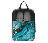 Water Resistant Travel Shoe Bags- Turquoise Blue Gold Marble Printed Shoe Carrier Storage Cube Pouch with Zipper & Handle - Portable Shoe Bag