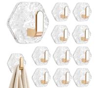 Water Ripple Hexagonal Self Adhesive Hooks, 10 Pack Acrylic Glacier No Drill Wall Hook for Bathroom Kitchen, Heavy Duty Waterproof Towel Hangers (Gold)