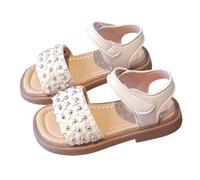 water shoes kids little girls floral beach sandals featuring white perforated upper with tan sole and flower accents, open toe and adjustable ankle strap, poolside changes and gar (Beige, 8.5 Toddler)