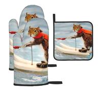 Water Skiing fox Squirrel Printed Heat Resistant Oven Mitts and Pot Holder Set 3 PCS Kitchen Baking for Home Cooks and Bakers