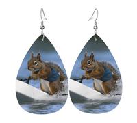 Water Skiing Squirrel Earrings, Lightweight Leather Teardrop Dangle Drop Earrings for Christmas Birthday Gift, Fashion Pendant for Women Jewelry Outfits Accessories