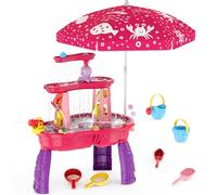 Water Table for Kids, 3-Tier Splash Sand Water Table for Toddlers, Water Toys with Umbrella, Rain Showers Splash Pond for Outdoor Beach Backyard Summer, Activity Sensory Playset for Boys Girls, Red