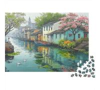 Water Town River Scene 1000 Piece Jigsaw Puzzle Paper for Adults Spring View Puzzle Game for Family Focus Decoration 52x38cm/1000pcs