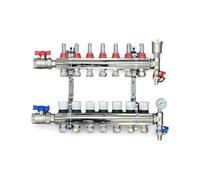 Water Underfloor Heating 7 Ports Complete Manifold with Pipe Connections,Main Isolating Ball Valves,Automatic Air Vent End Unit,Pressure Gauge End Unit (15mm eurocones)