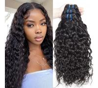 Water Wave 3 Bundles Human Hair 14 16 18 Inch 12A Brazilian Virgin Curly Human Hair Bundles Double Weft Deep Wave Bundles Natural Black Color Wet and Wavy Hair Extensions