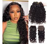 Water Wave Human Hair Bundles with Closure Curly Weave Bundles Human Hair 100% Unprocessed Brazilian Virgin Human Hair Extension with 4x4 Lace Closure 14 16 18+123 inch