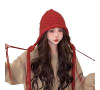 WATERBELINE Knit hat,Knit Beanie Hat for Women Harajuku Style Fringed Braids Earflap Hat Handmade Crochet Hat Y2K Sweet Winter Warm Headwear Red