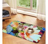 Watercolor Abstract Flowers Patterned Pet Feeding Mat with Water-Absorbing PU Top & Rubber Base - Anti-Slip Dog Cat Food Mat for Cats, Dogs & Pets, 30x45cm