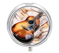 Watercolor Acoustic Guitar Pill Box Round Portable Small Pill Case Waterproof Travel Pill Box Organizer for Pocket Purse and Daily Convenience