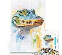 Watercolor Alligator Portrait Jigsaw Puzzle 1000 Pieces Mental Focus Game Precision Cut Smooth Edges Absorbing Activity for Quiet Nights (38x26cm)