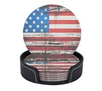 Watercolor American USA Flag Design Set of 6 Table Coasters Modern PU Cup Coasters for Drinks, Coaster Set,4 Inches