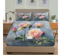 Watercolor And Oil Painting Roses Soft Cozy Brushed Microfibre Fitted Sheet Set Double 54x75 inch 30cm Deep Pocket Pink Fitted Bed Sheet Breathable Hypoallergenic Bedding for Boys Girls Room Decor