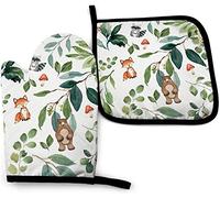 Watercolor Animal Deer Owl Bear Fox Oven Mitts and Pot Holders Sets Non-Slip with Soft Cotton Lining Heat Resistant Gloves for Microwave Cooking Baking