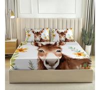 Watercolor Animals Donkey Flowers Fitted Sheet Super King Size 180 x 200 cm, 30 cm Extra Deep Pocket Bed Sheets Soft Microfiber Breathable Anti-Wrinkle Fitted Sheet Brown