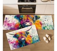 Watercolor Animals Kitchen Rug Sets 2 Piece, Anti Fatigue Comfort Standing Highland Cattle Pigment Kitchen Mats Set, Washable Easy Care Colorful Floor Mat, for Laundry Room Hallway 50x80cm+50x150cm