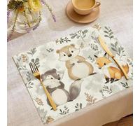 Watercolor Animals Washable Placemats Set of 6, 30×45 cm Beaver Fox Leaf Cotton Linen Rectangular Resistant Placemats for Table, Kitchen, Dining Decoration Grey