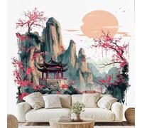 Watercolor Architecture Plum Sun 3D Wallpaper Chinese Nature Landscape Wall Stickers 200x140 cm Ink Painting Canvas Wallpaper for Bedroom Living Room Stickers Mural Peel and Stick Wall Art Wf105g