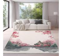 Watercolor Area Rug 80 x 150 cm Washable Living Room, Non-slip Soft Short Pile Exquisite Cherry Blossom Architecture Floor Carpet for Bedroom Home Office Dining Room Kitchen Decor, Pink