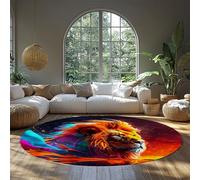 Watercolor Art Round Rug 150cm Abstract Colorful Lion Pattern Thin Carpets for Living Room Bedroom Studio Office Washable Non Slip