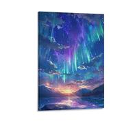 Watercolor Aurora Borealis Canvas Wall Art, Lake Colourful Mysterious Landscape Painting Print on Textured Canvas, Wall Poster Artwork for Living Room Bedroom Office Decor Frame 08x12inch(20x30cm)