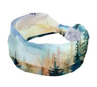 Watercolor Background Landscape Forest Mountains Women's Headbands, Fashion Non Slip Headband, Knotted Cross Head Wraps, Wide Hairband for Workout Sports Yoga