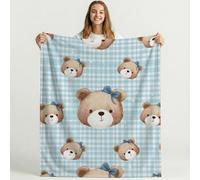 Watercolor Bear Checkered Pattern Blanket Blue Brown Blankets Printed Fleece Cozy Warm Blanket for Couch Travel Sofa Teens Adult Bedroom Decor Plush Throw Blankets 59in × 59in (150cm × 150cm)